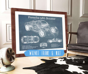 20" x 16" / Walnut Frame & Mat Cutler West Porsche Boxster (Type 986) Blueprint Vintage Auto Print