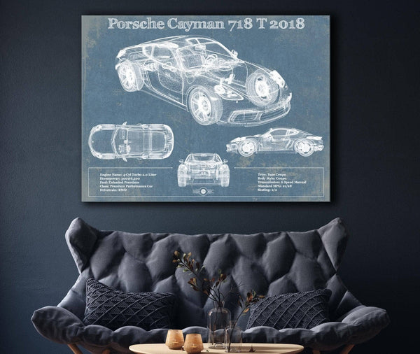 Cutler West Porsche Cayman 718 T 2018 Vintage Blueprint Auto Print