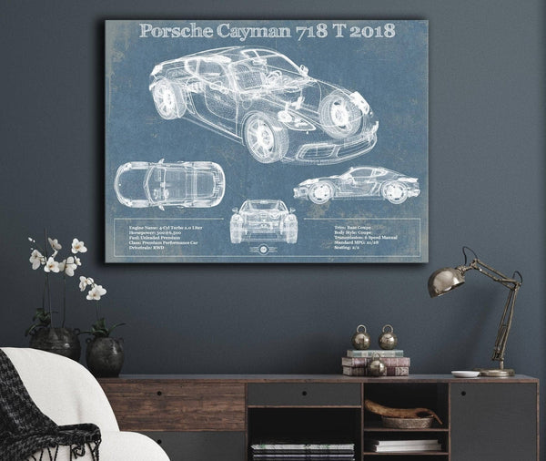 Cutler West Porsche Cayman 718 T 2018 Vintage Blueprint Auto Print
