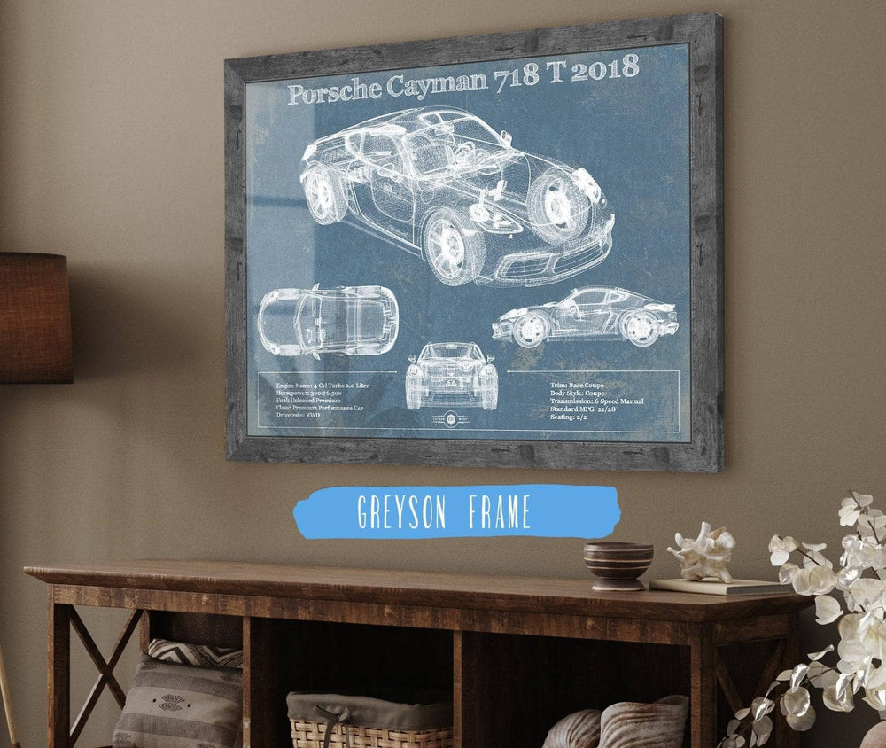 14" x 11" / Stretched Canvas Wrap Cutler West Porsche Cayman 718 T 2018 Vintage Blueprint Auto Print