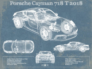 14" x 11" / Unframed Cutler West Porsche Cayman 718 T 2018 Vintage Blueprint Auto Print