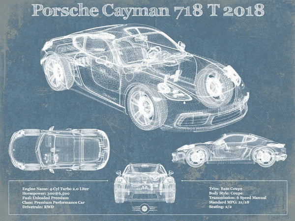14" x 11" / Unframed Cutler West Porsche Cayman 718 T 2018 Vintage Blueprint Auto Print