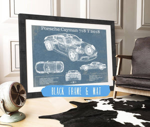 20" x 16" / Black Frame & Mat Cutler West Porsche Cayman 718 T 2018 Vintage Blueprint Auto Print