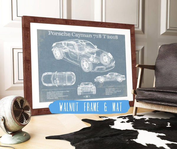 20" x 16" / Walnut Frame & Mat Cutler West Porsche Cayman 718 T 2018 Vintage Blueprint Auto Print