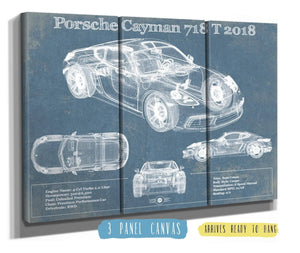 36" x 24" / 3 Panel Canvas Wrap Cutler West Porsche Cayman 718 T 2018 Vintage Blueprint Auto Print