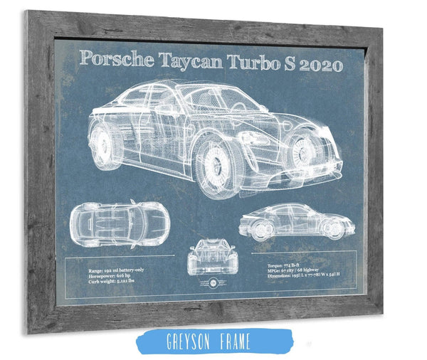 14" x 11" / Greyson Frame Cutler West Porsche Taycan Turbo S 2020 Vintage Blueprint Auto Print