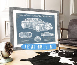 14" x 11" / Greyson Frame & Mat Cutler West Porsche Taycan Turbo S 2020 Vintage Blueprint Auto Print