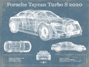 14" x 11" / Unframed Cutler West Porsche Taycan Turbo S 2020 Vintage Blueprint Auto Print