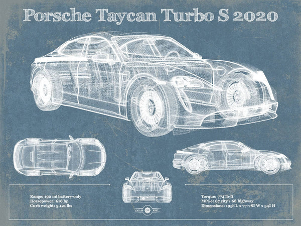 14" x 11" / Unframed Cutler West Porsche Taycan Turbo S 2020 Vintage Blueprint Auto Print