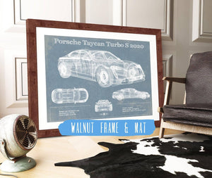 20" x 16" / Walnut Frame & Mat Cutler West Porsche Taycan Turbo S 2020 Vintage Blueprint Auto Print