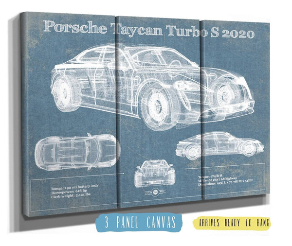 36" x 24" / 3 Panel Canvas Wrap Cutler West Porsche Taycan Turbo S 2020 Vintage Blueprint Auto Print