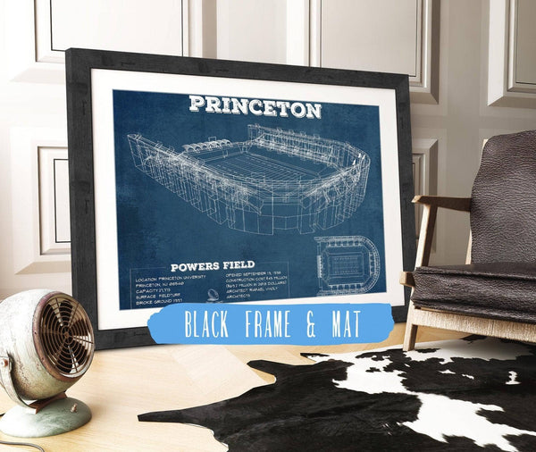 20" x 16" / Black Frame & Mat Cutler West Princeton Tigers Football Art - Vintage Powers Field Blueprint Wall Art