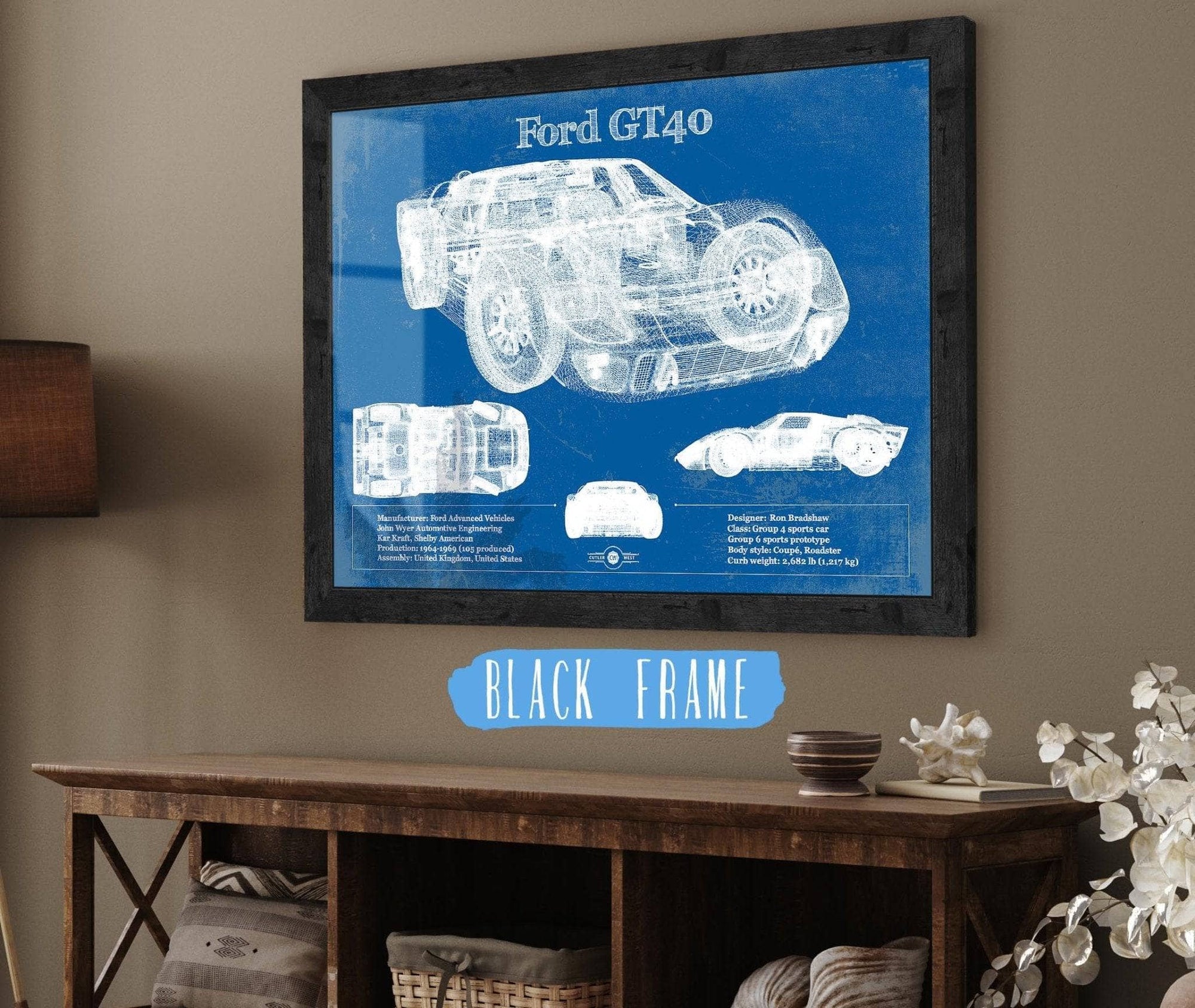 Cutler West Ford Collection 14" x 11" / Black Frame Ford GT40 Blueprint Vintage Auto Print 933350036_18065