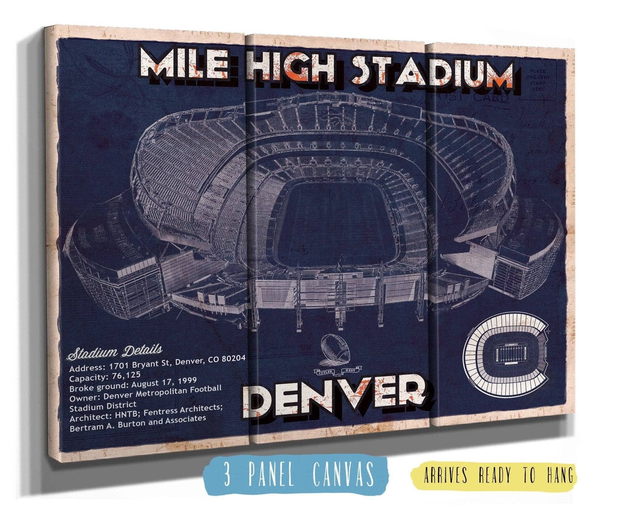 Cutler West Pro Football Collection 48" x 32" / 3 Panel Canvas Wrap Denver Broncos Vintage Sports Authority Field - Vintage Football Print 635800348-TOP_55519