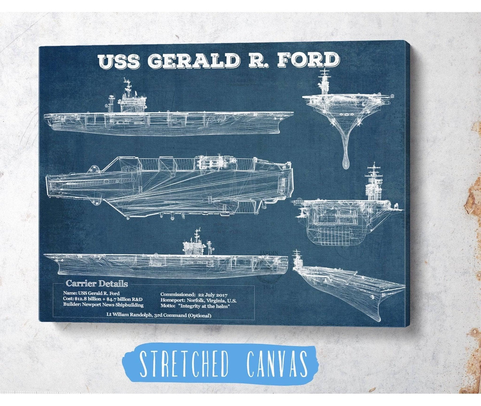 Cutler West Naval Military USS Gerald R. Ford (CVN-78) Aircraft Carrier Blueprint Original Military Wall Art - Customizable