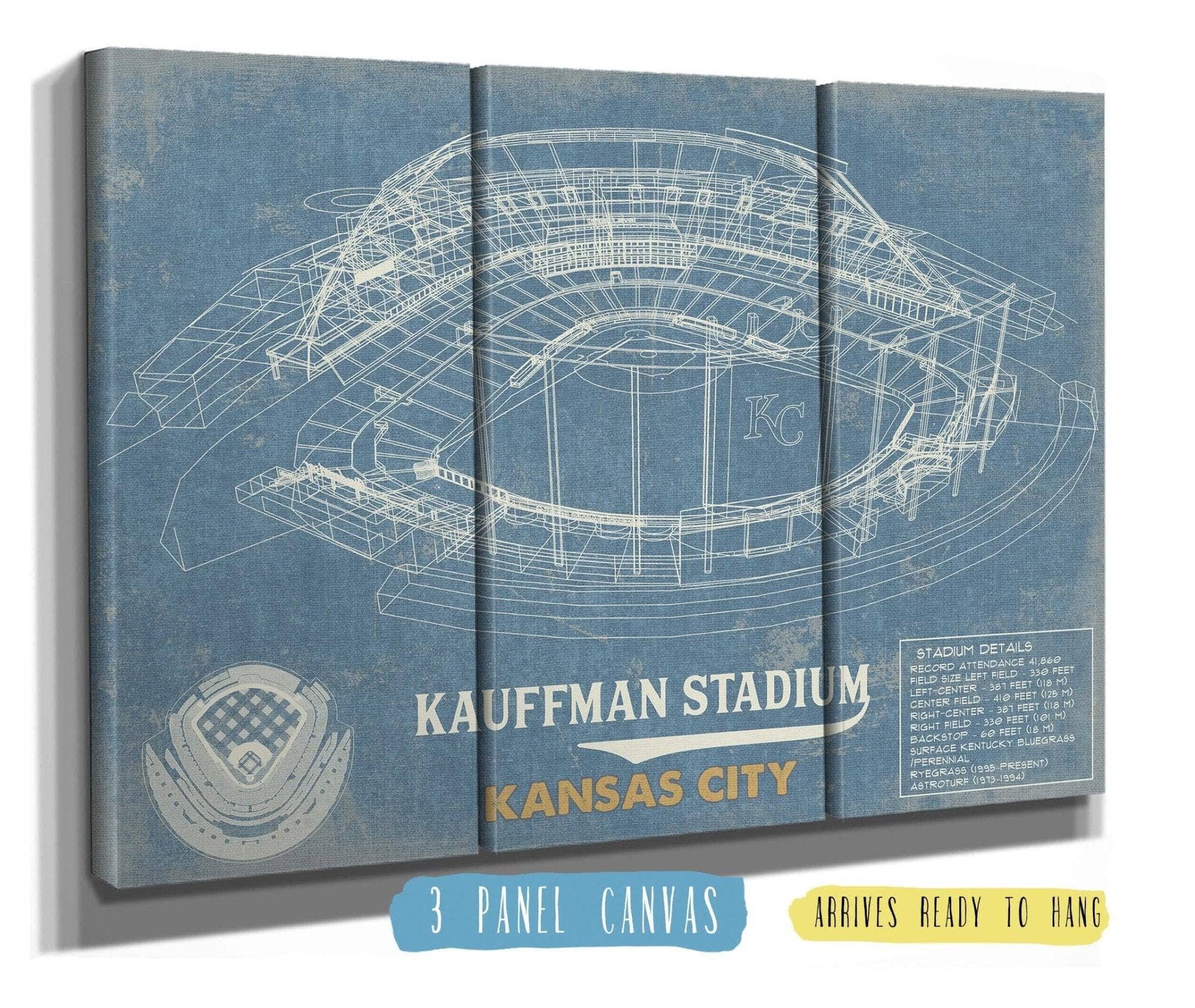 Cutler West Baseball Collection 48" x 32" / 3 Panel Canvas Wrap Kansas City Royals Kauffman Stadium Vintage Baseball Print 694509217-TOP