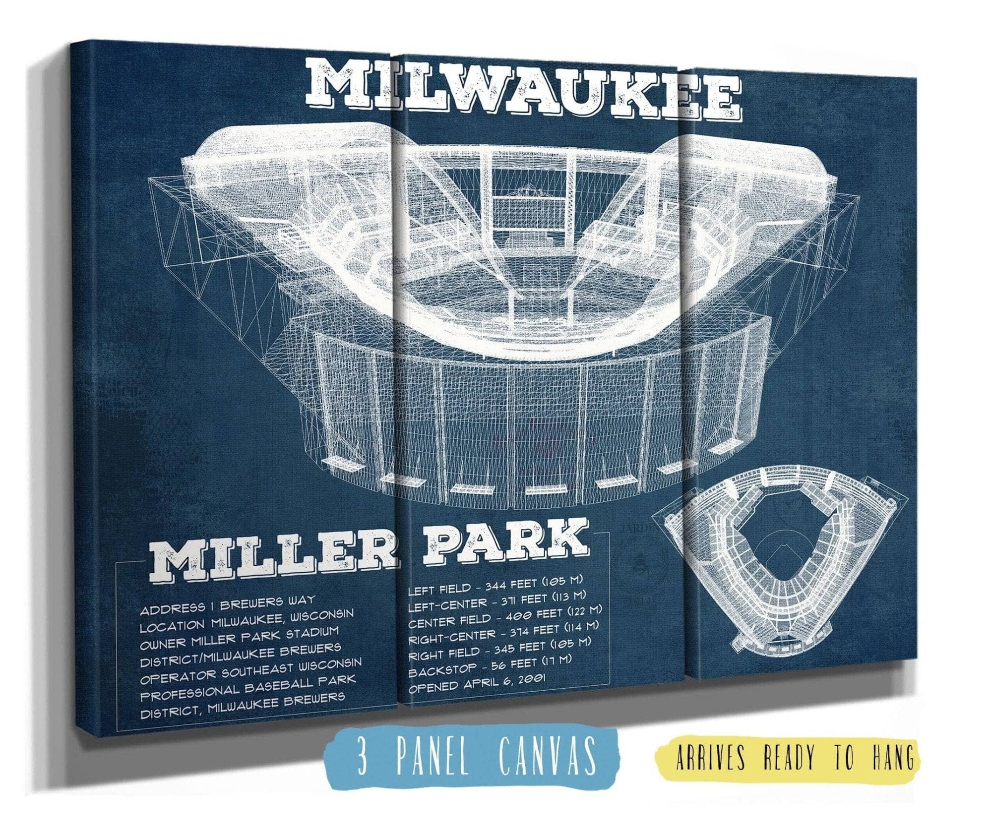 Cutler West Baseball Collection 48" x 32" / 3 Panel Canvas Wrap Milwaukee Brewers Miller Park Seating Chart - Vintage Baseball Fan Print 746303541_73777