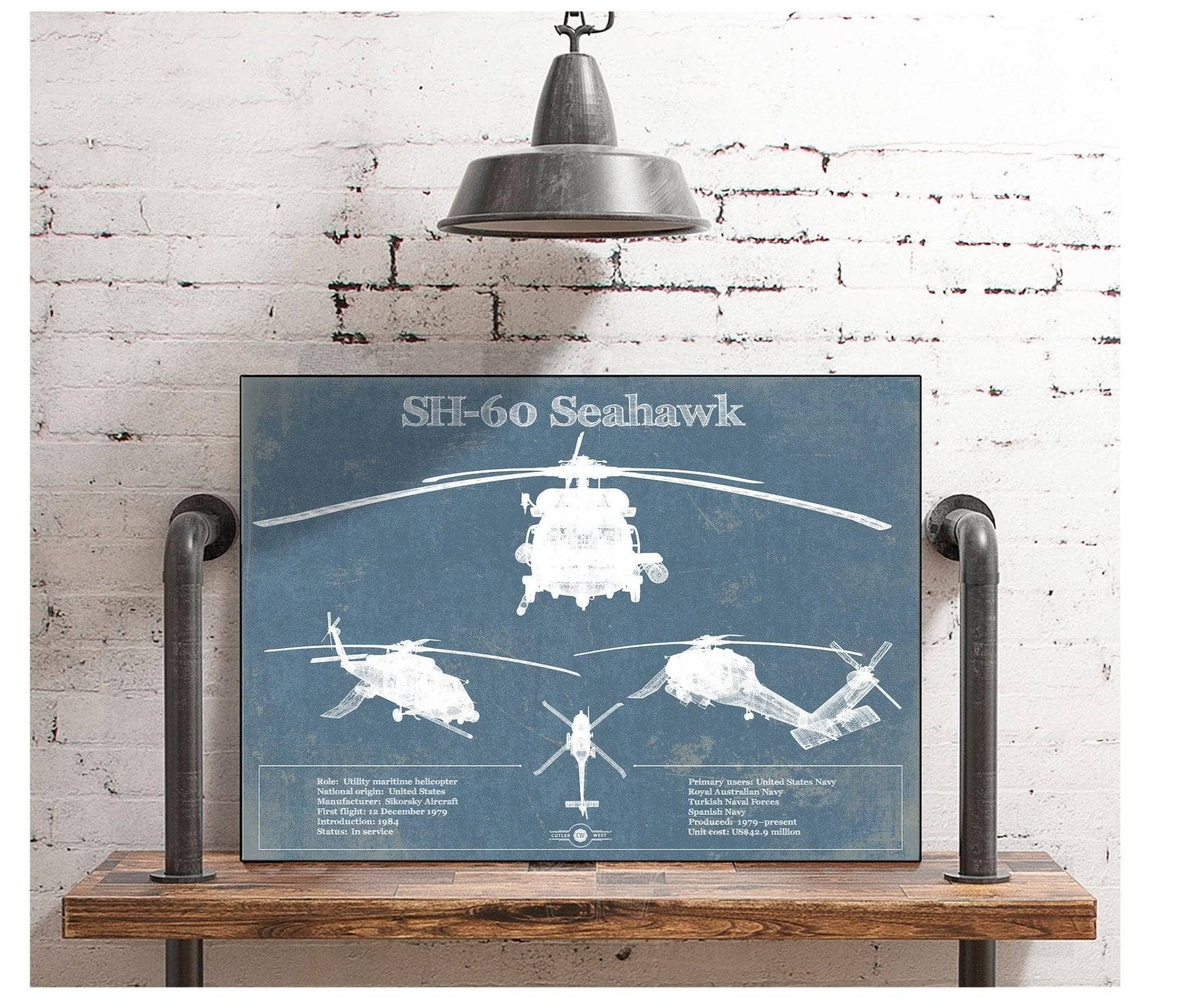 Cutler West Military Aircraft SH-60/MH-60 Seahawk Helicopter Vintage Aviation Blueprint Military Print