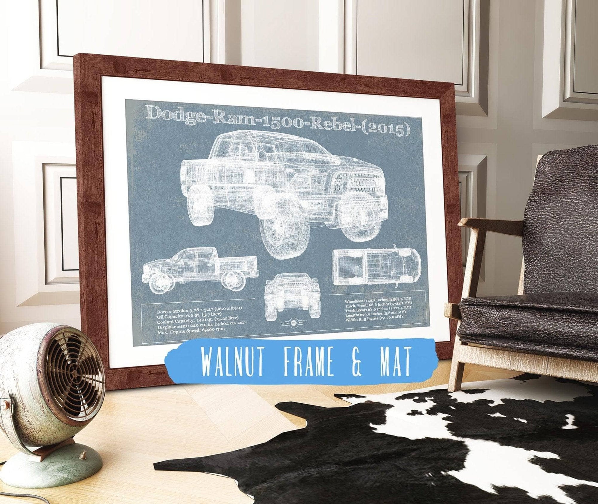 Cutler West Dodge Collection 14" x 11" / Walnut Frame & Mat Dodge Ram 1500 Rebel (2015) Vintage Blueprint Auto Print 833110096_58575