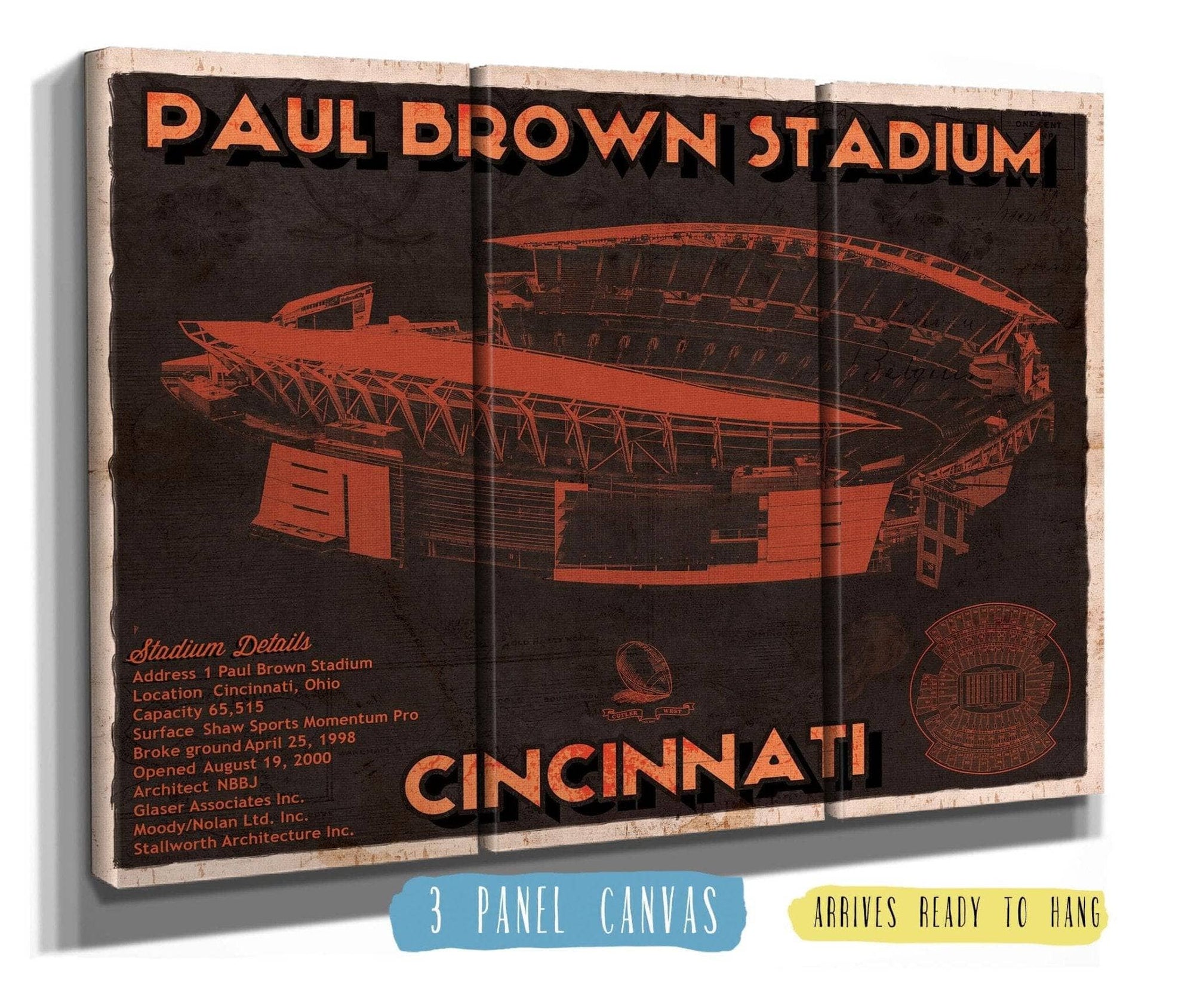 Cutler West Pro Football Collection 48" x 32" / 3 Panel Canvas Wrap Cincinnati Bengals Paul Brown Stadium - Vintage Football Print 661536575_53539