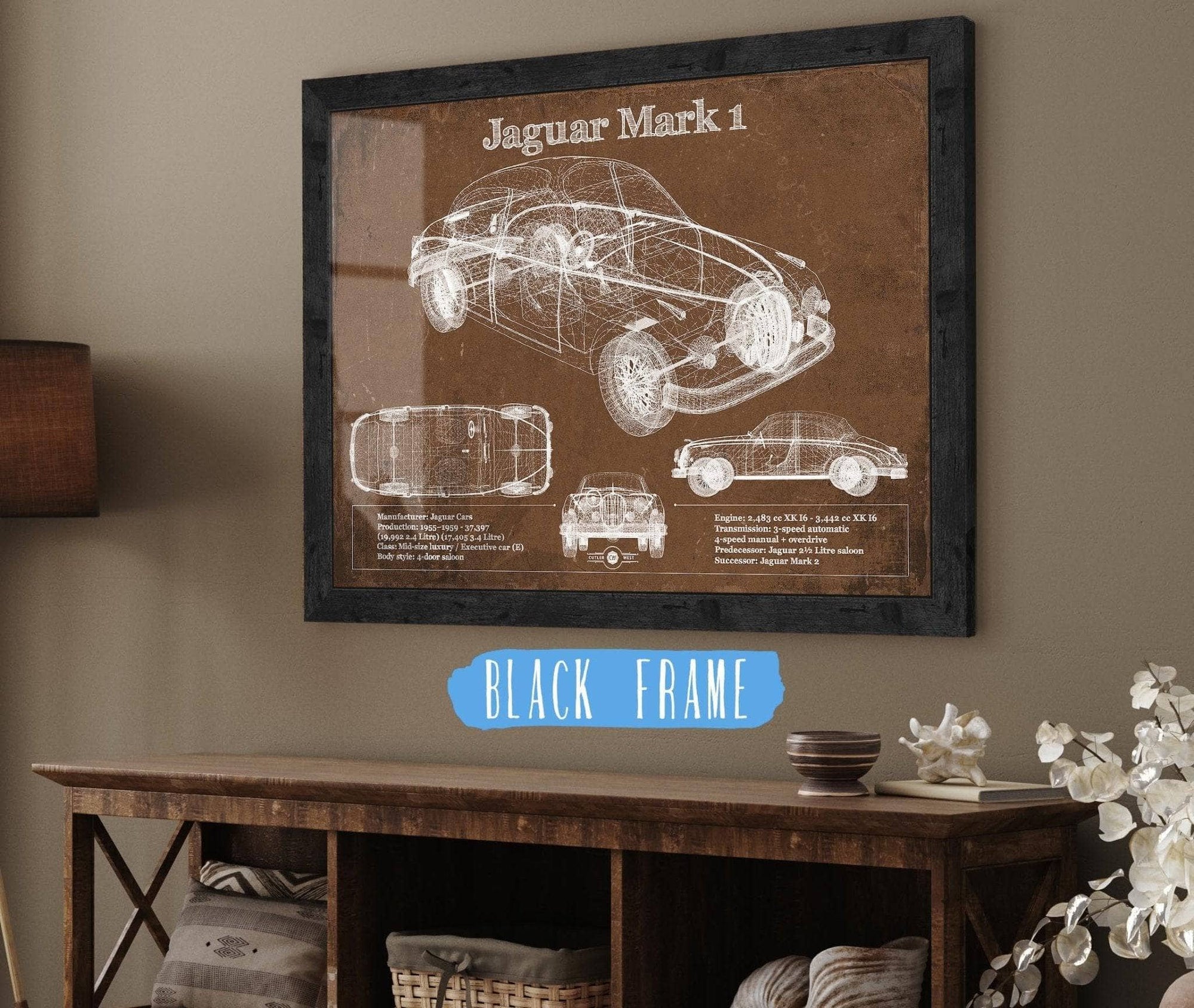 Cutler West Jaguar Collection 14" x 11" / Black Frame Jaguar Mark 1 Saloon Blueprint Vintage Auto Print 933311120_12927