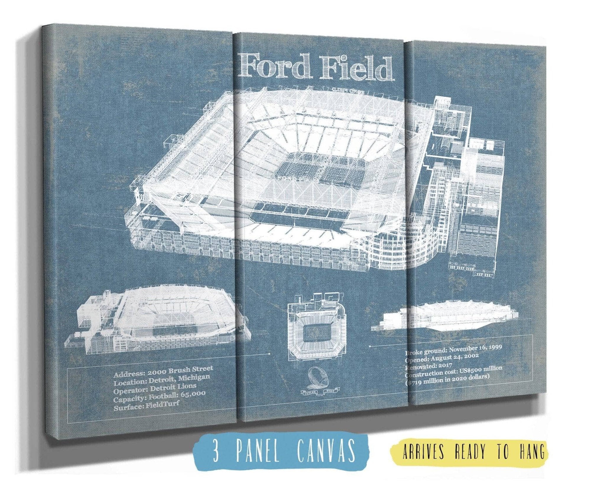 Cutler West Vehicle Collection 48" x 32" / 3 Panel Canvas Wrap Ford Field - Detroit Lions NFL Vintage Football Print 933311125_54925