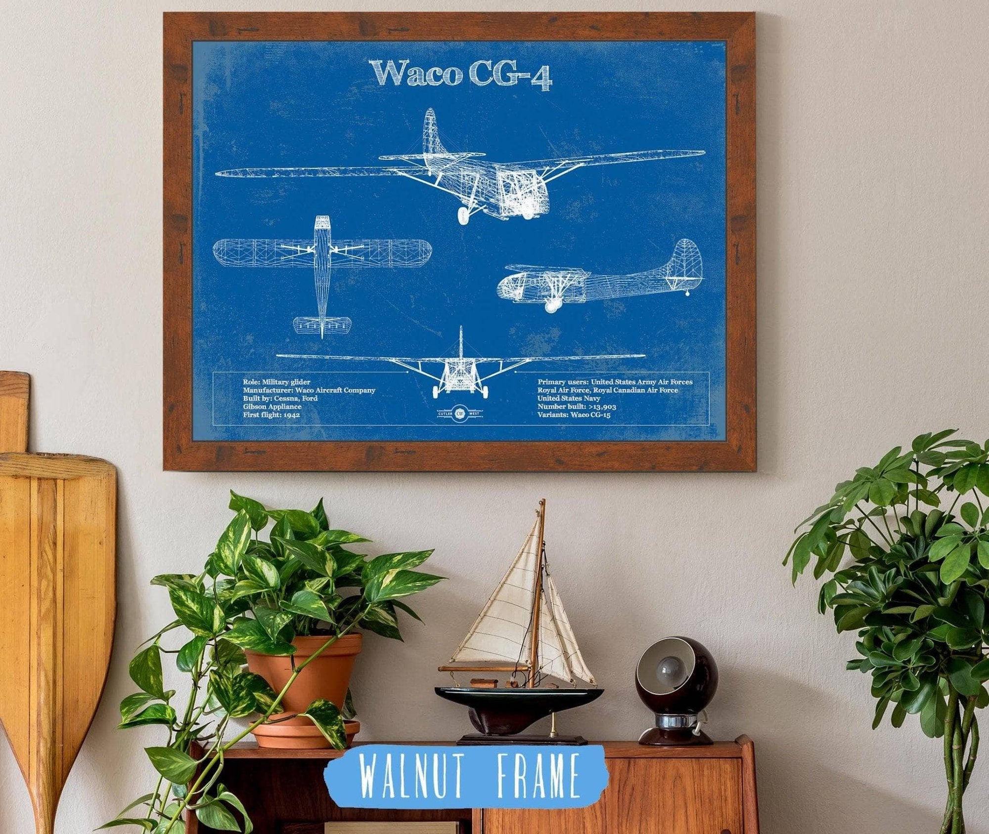 Cutler West 14" x 11" / Walnut Frame Waco CG-4 Military Aircraft Patent Blueprint Original Military Wall Art 933350088-14"-x-11"4487
