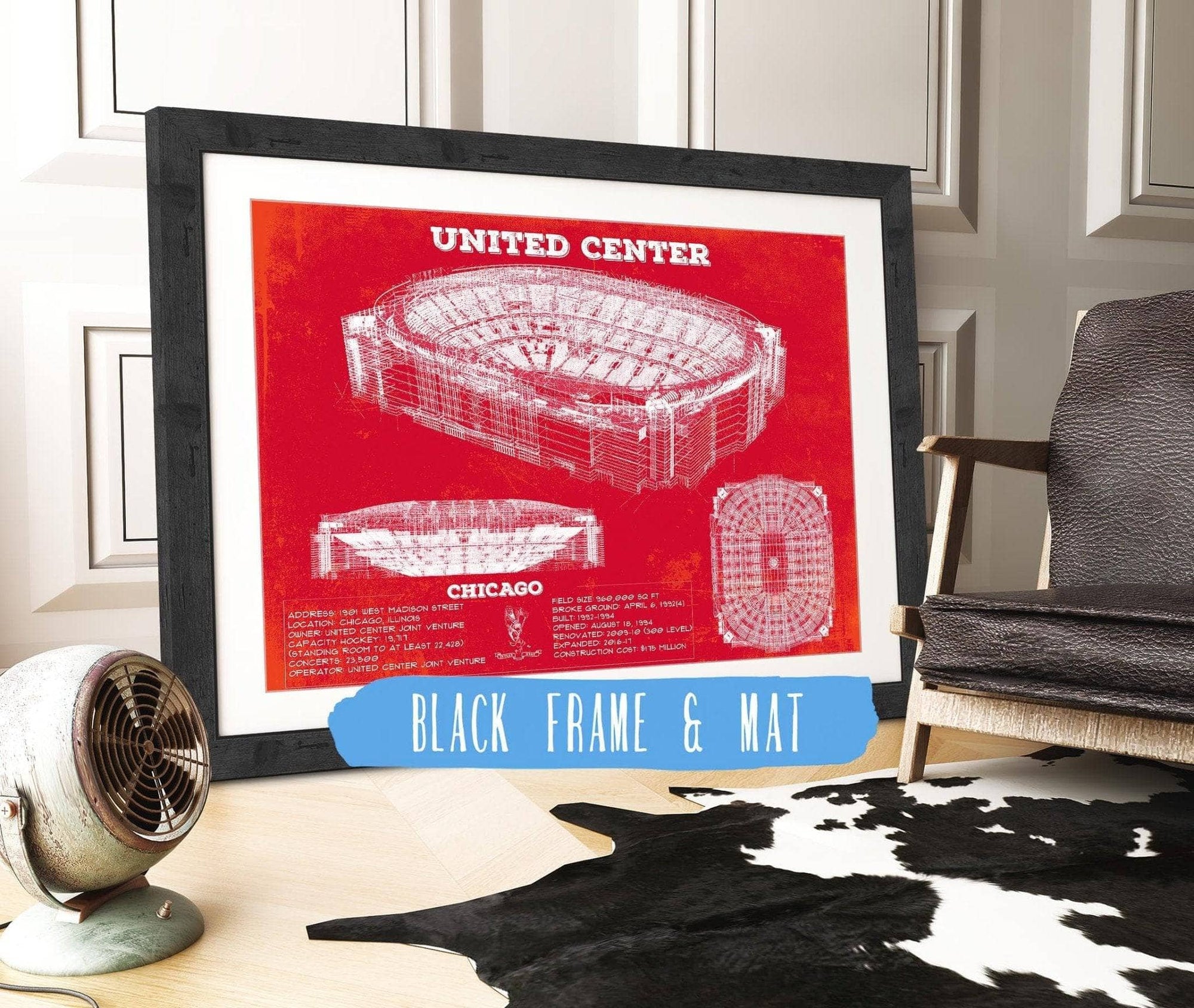 Cutler West 14" x 11" / Black Frame & Mat United Center - Chicago Blackhawks Team Colors Vintage Hockey Print 933311129_8973