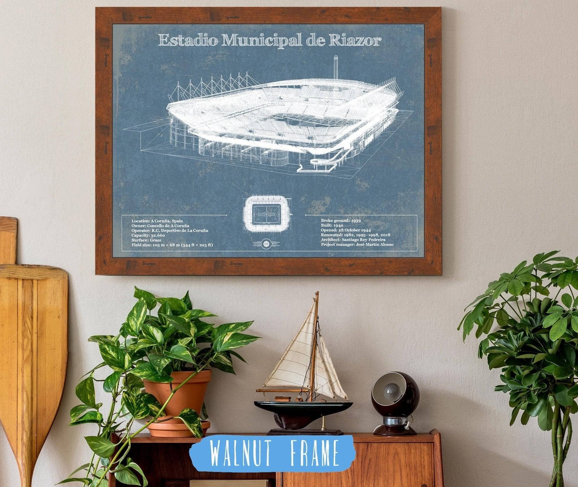 Cutler West Soccer Collection 14" x 11" / Walnut Frame Estadio Municipal De Riazor Stadium Blueprint Vintage Soccer (Football) Print 885468128_57254