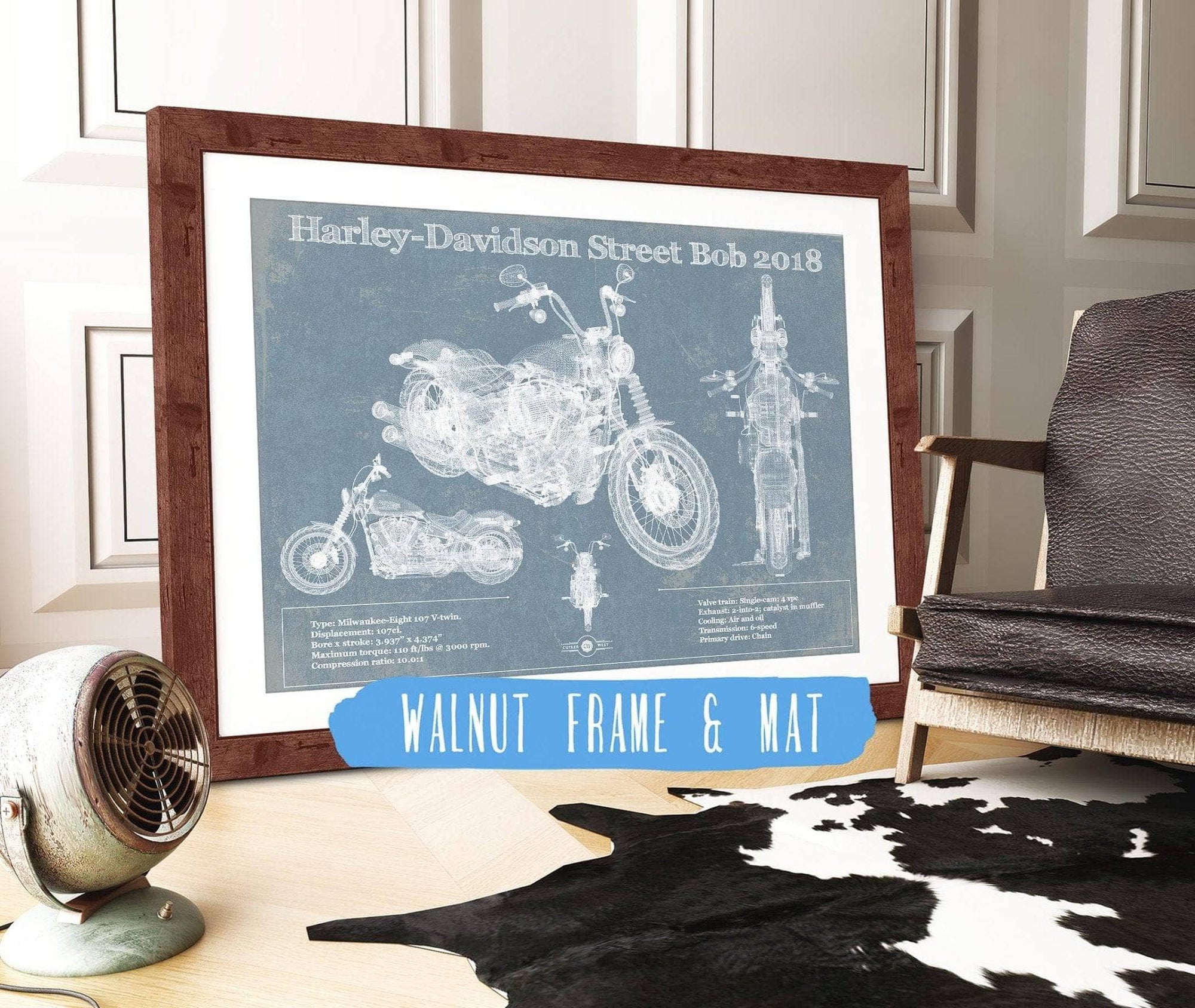 Cutler West 14" x 11" / Walnut Frame & Mat Harley-Davidson Street Bob 2018 Blueprint Motorcycle Patent Print 833110150_20246
