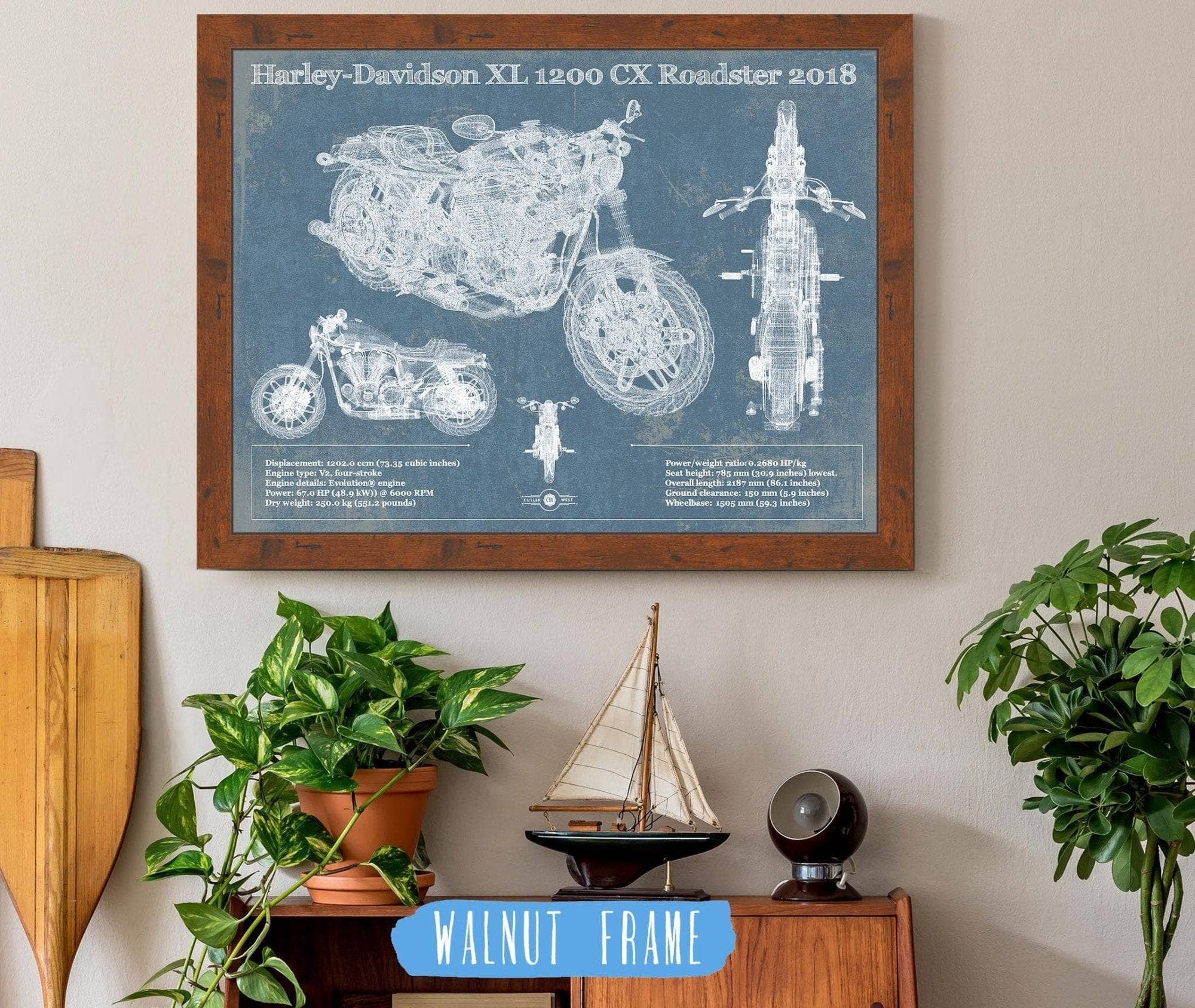 Cutler West 14" x 11" / Walnut Frame Harley-Davidson XL 1200 CX Roadster 2018 Blueprint Motorcycle Patent Print 833110145_12401