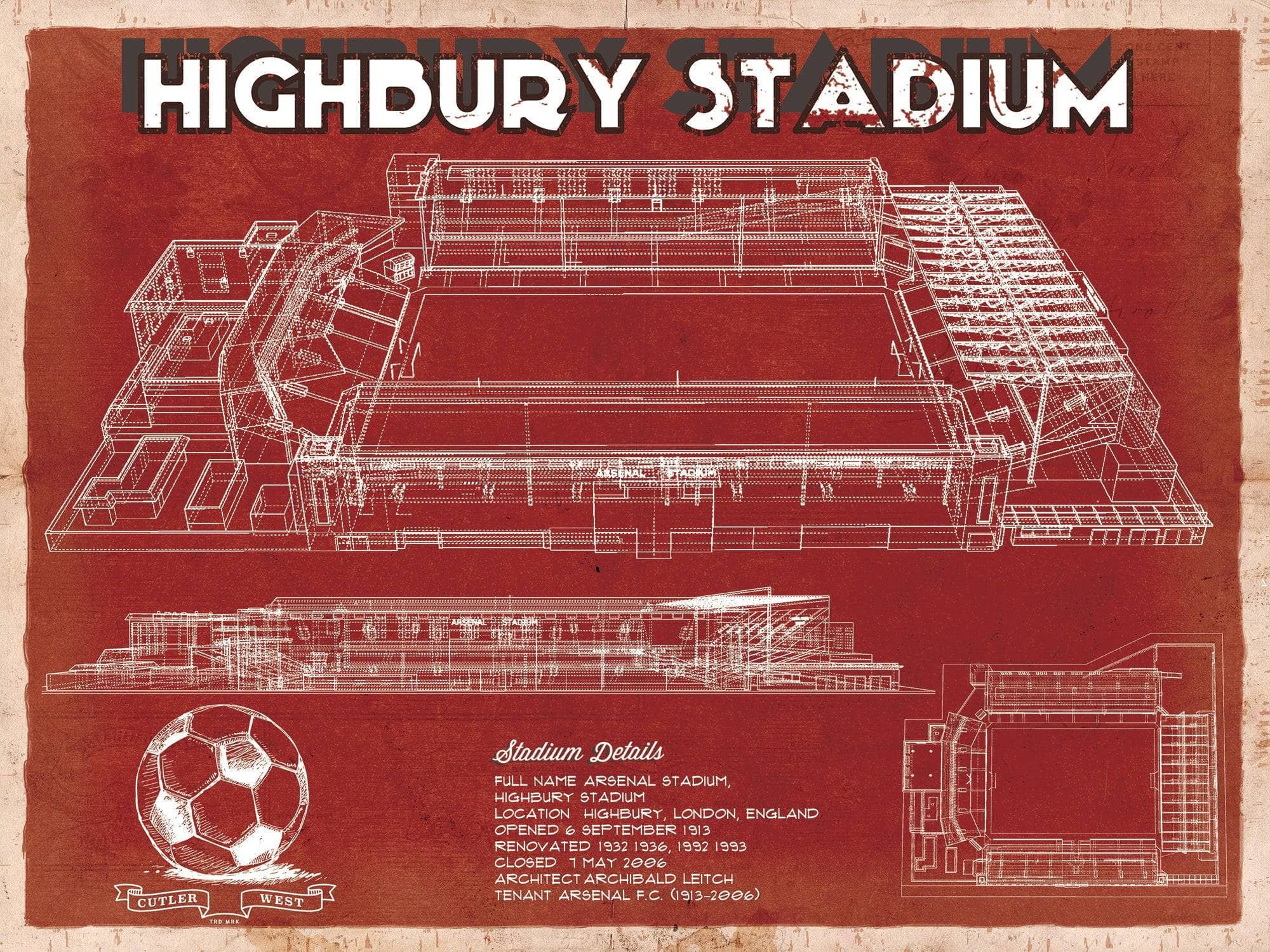 Cutler West Soccer Collection 14" x 11" / Unframed Arsenal Football Club - Vintage Highbury Stadium Soccer Print 722154750-TOP