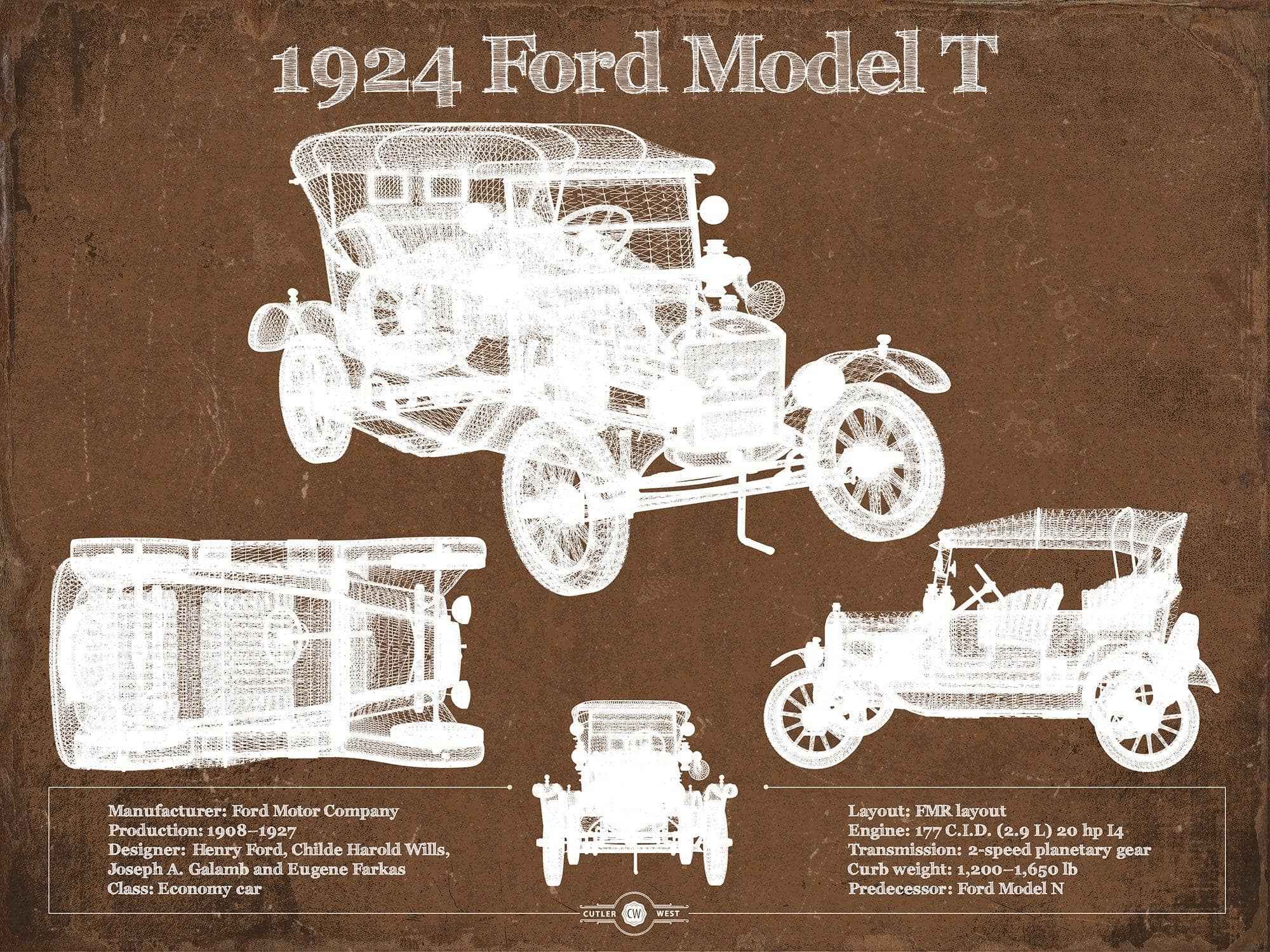 Cutler West Ford Collection 14" x 11" / Unframed 1924 Ford Model T Vintage Blueprint Auto Print 933350040_33756