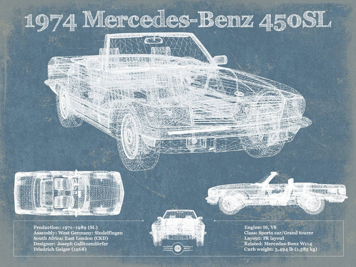 Cutler West Mercedes Benz Collection 14" x 11" / Unframed 1974 Mercedes Benz 450SL Original Blueprint Art 933350061_19780