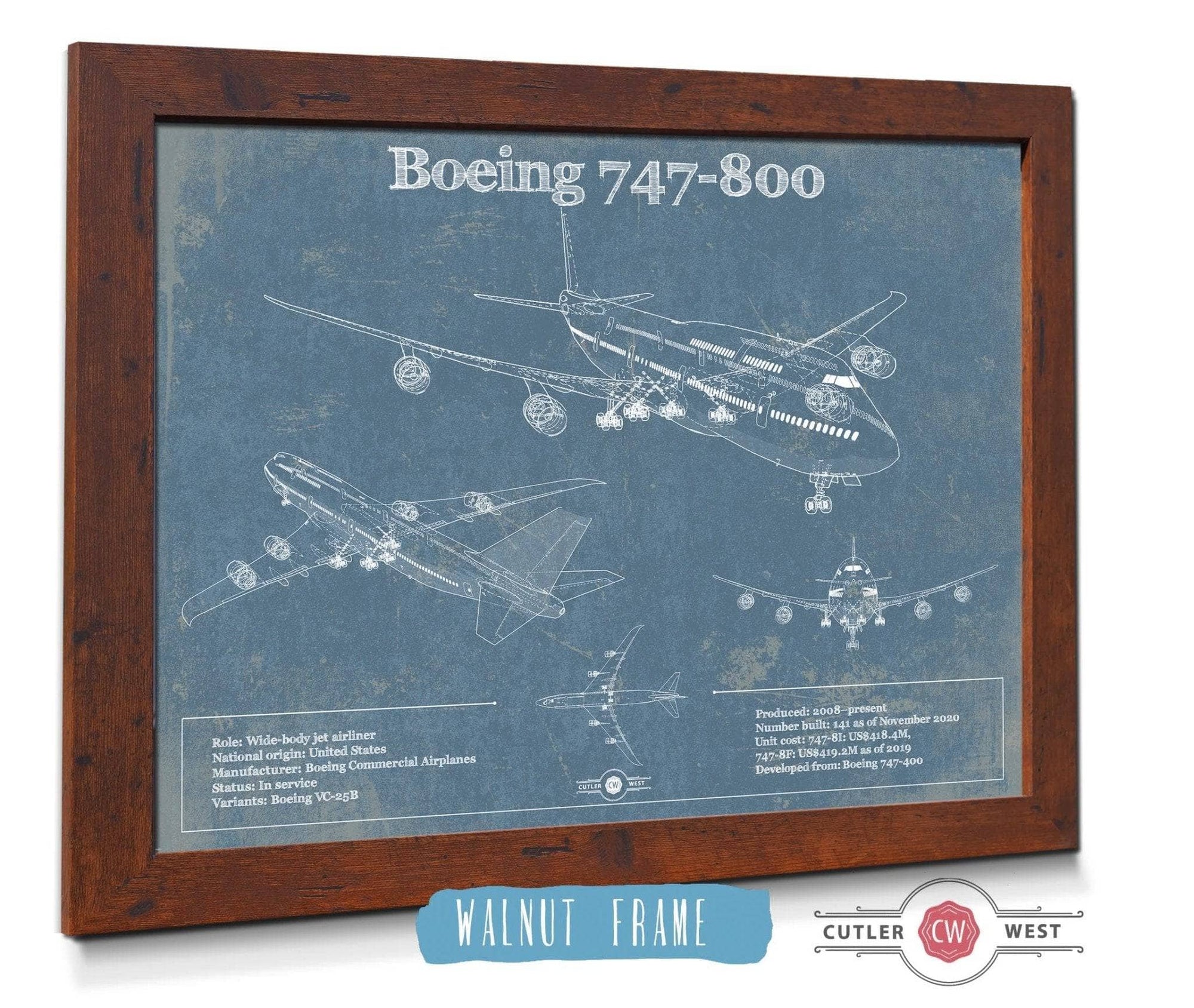 Cutler West Boeing Collection Boeing 747-800 Vintage Aviation Blueprint Print - Custom Pilot Name Can Be Added
