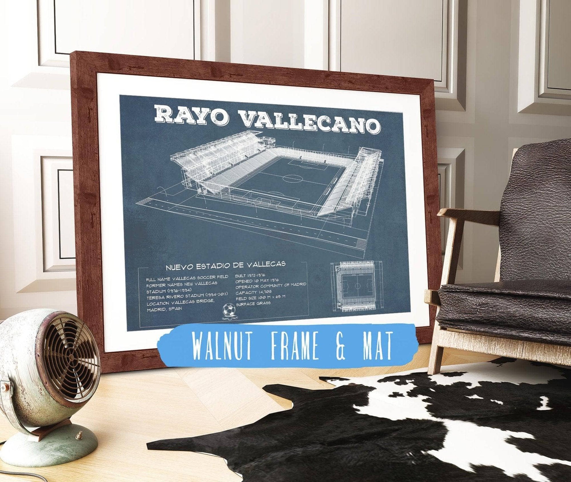 Cutler West Soccer Collection 14" x 11" / Walnut Frame & Mat Vallecas Soccer Field - Rayo Blueprint Vintage Soccer Print 767514074_8777
