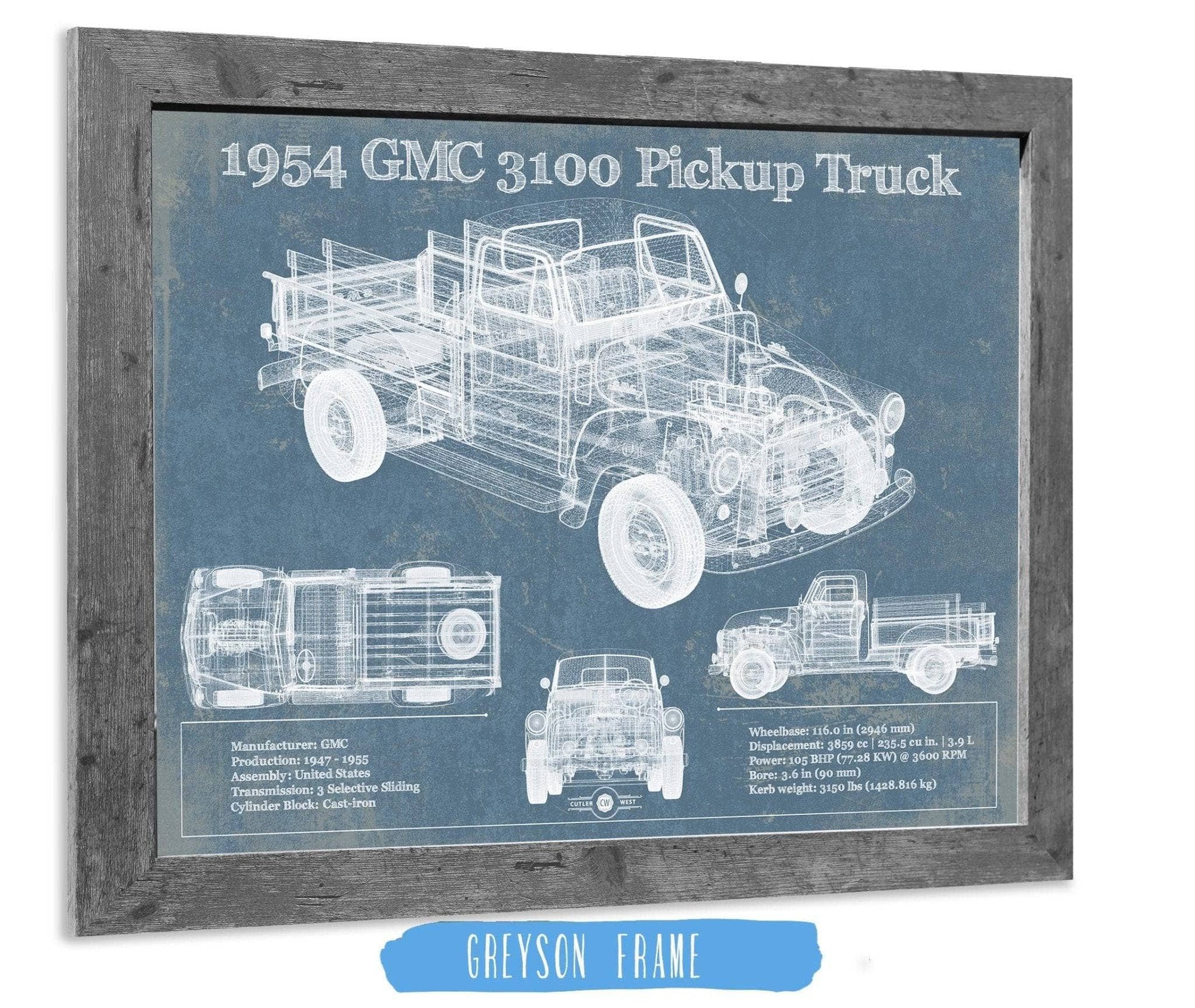 Cutler West Vehicle Collection 1954 GMC 3100 Pickup Truck Vintage Blueprint Auto Print
