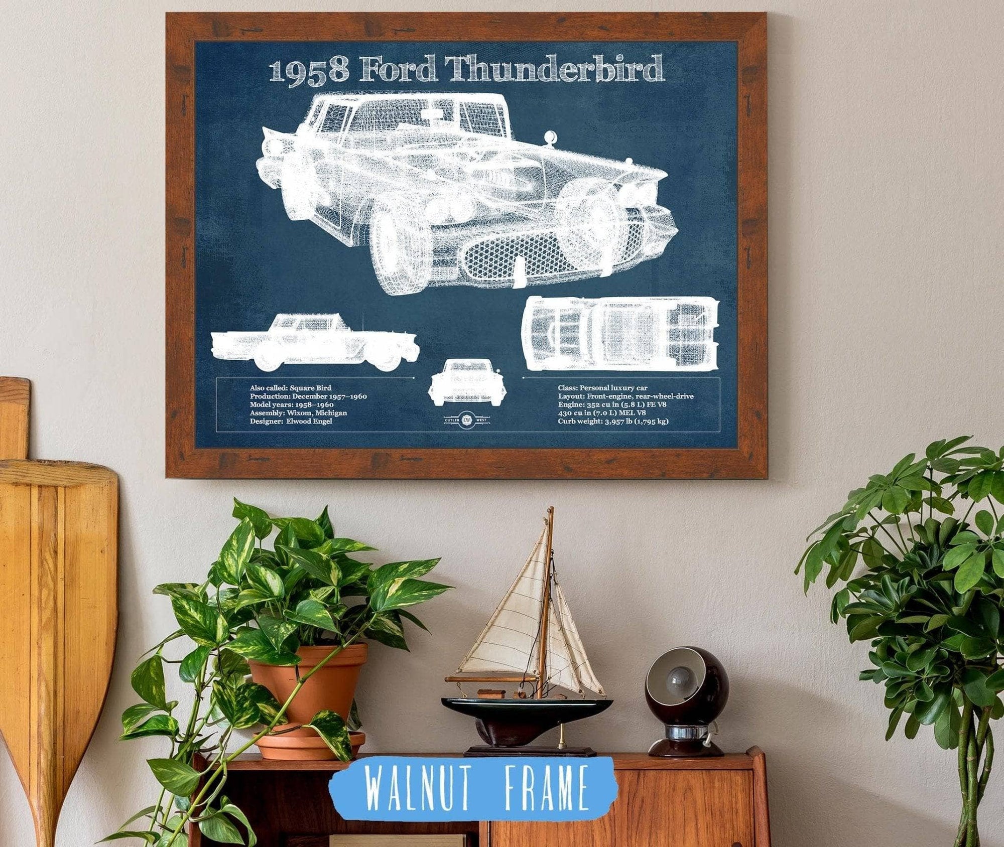 Cutler West Ford Collection 14" x 11" / Walnut Frame 1958 Ford Thunderbird Vintage Blueprint Auto Print 933350042_34023