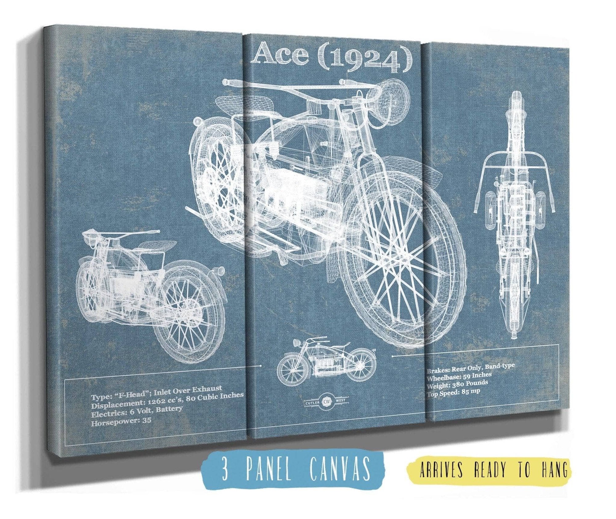 Cutler West Vehicle Collection 48" x 32" / 3 Panel Canvas Wrap Ace (1924) Blueprint Motorcycle Patent Print 833110074_38953