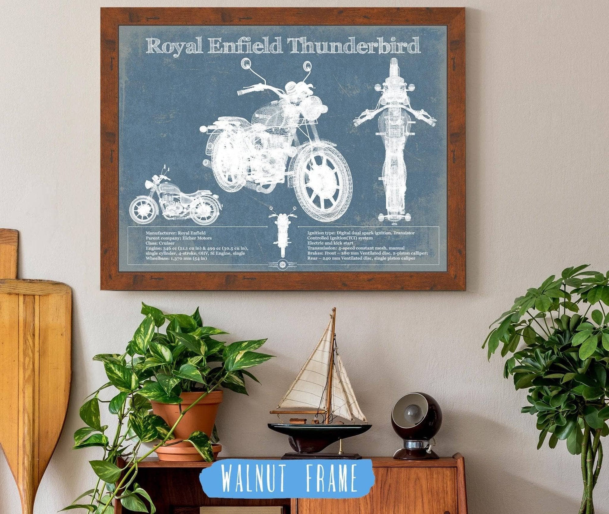 Cutler West 14" x 11" / Walnut Frame & Mat Royal Enfield Thunderbird Blueprint Motorcycle Patent Print 933350106_17022