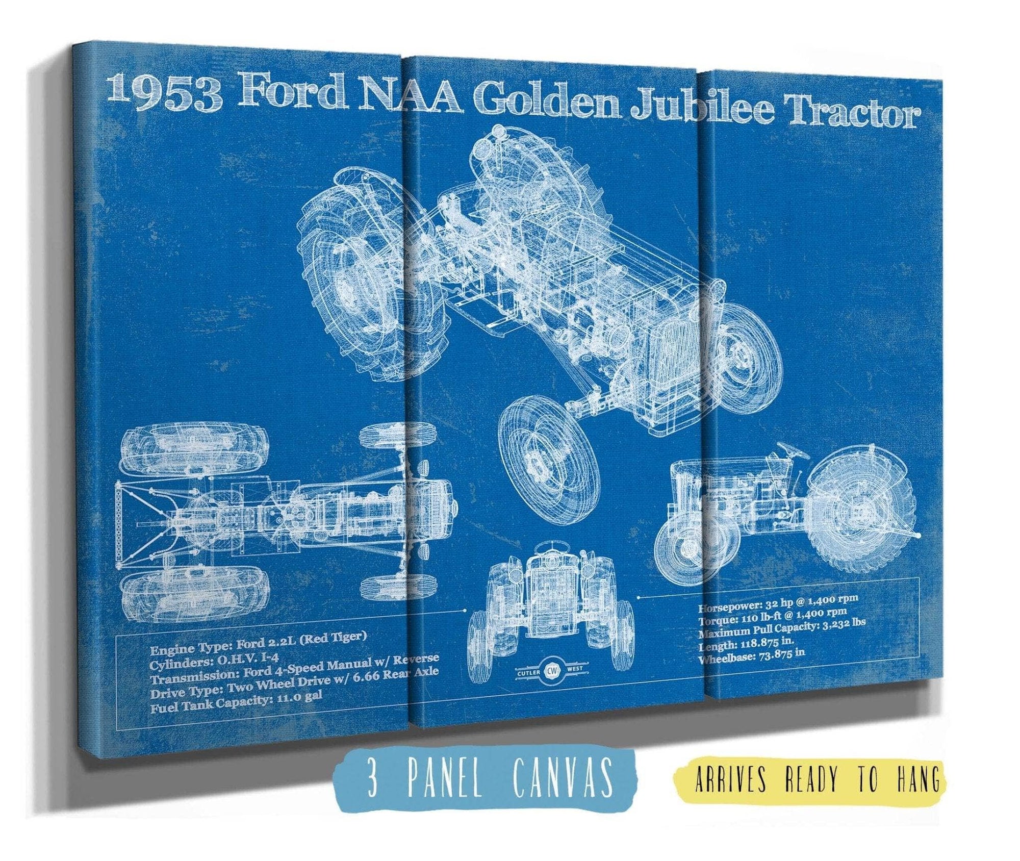 Cutler West Ford Collection 48" x 32" / 3 Panel Canvas Wrap 1953 Ford NAA Golden Jubilee Blueprint Vintage Tractor Patent Print 933311092_32156