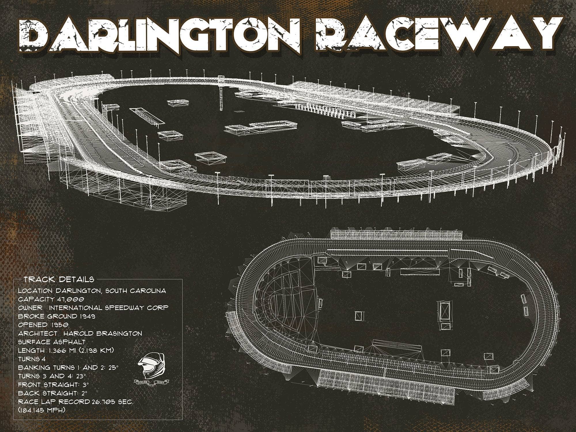 Cutler West Racetrack Collection 14" x 11" / Unframed Darlington Raceway Blueprint NASCAR Race Track Print 745806981_54677