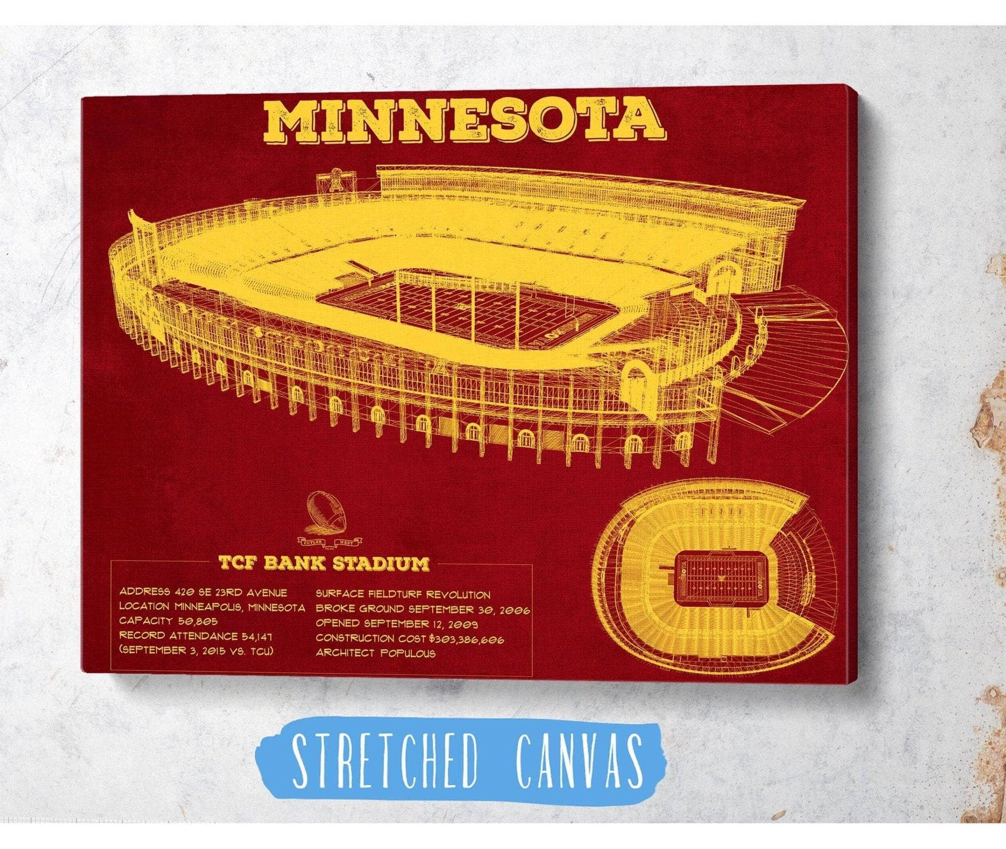 Cutler West College Football Collection Minnesota Gophers - Vintage TCF Bank Stadium  Blueprint Art Print