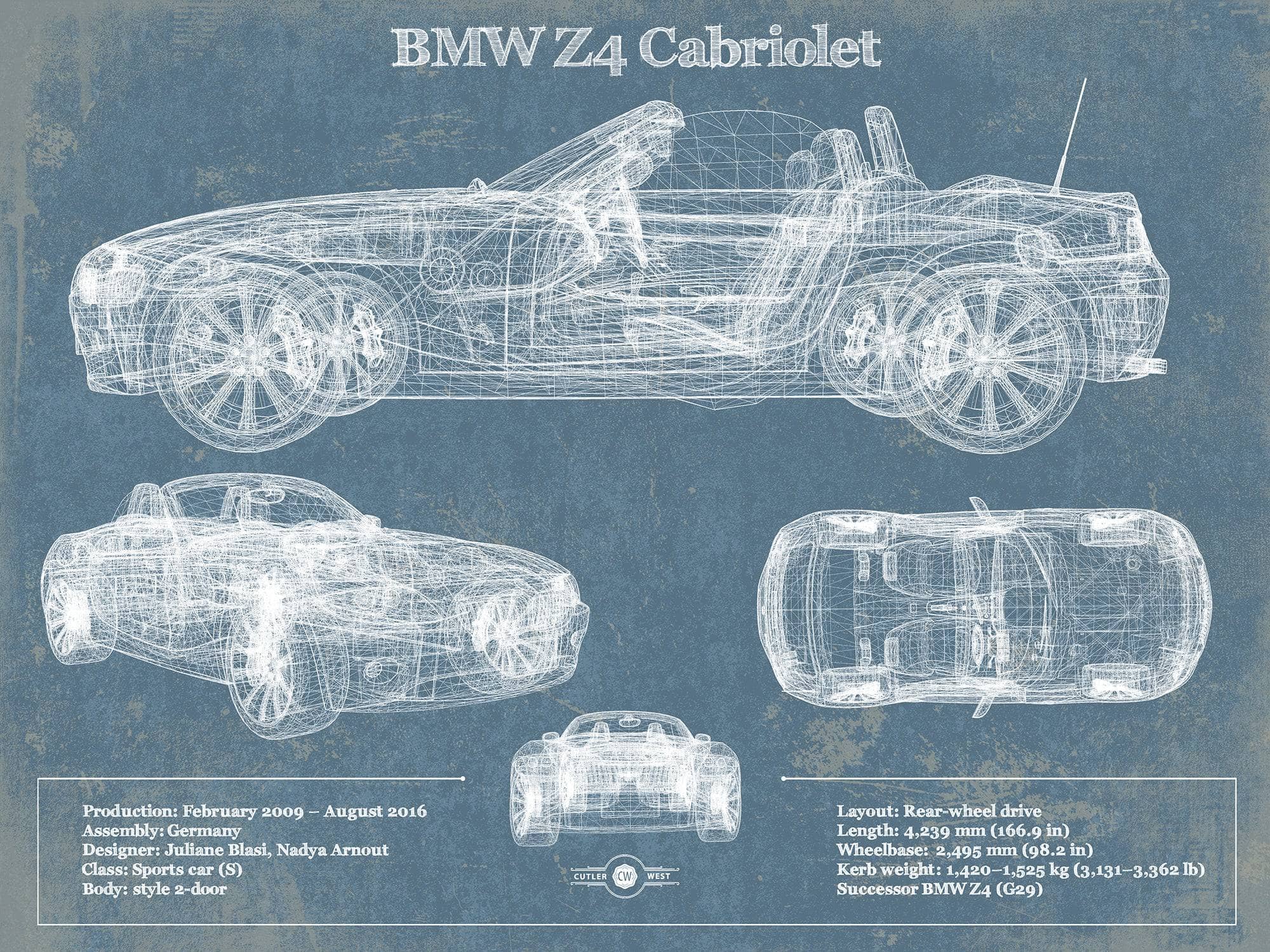 Cutler West Vehicle Collection 14" x 11" / Unframed BMW Z4 Cabriolet Vintage Blueprint Auto Print 833110072_48935