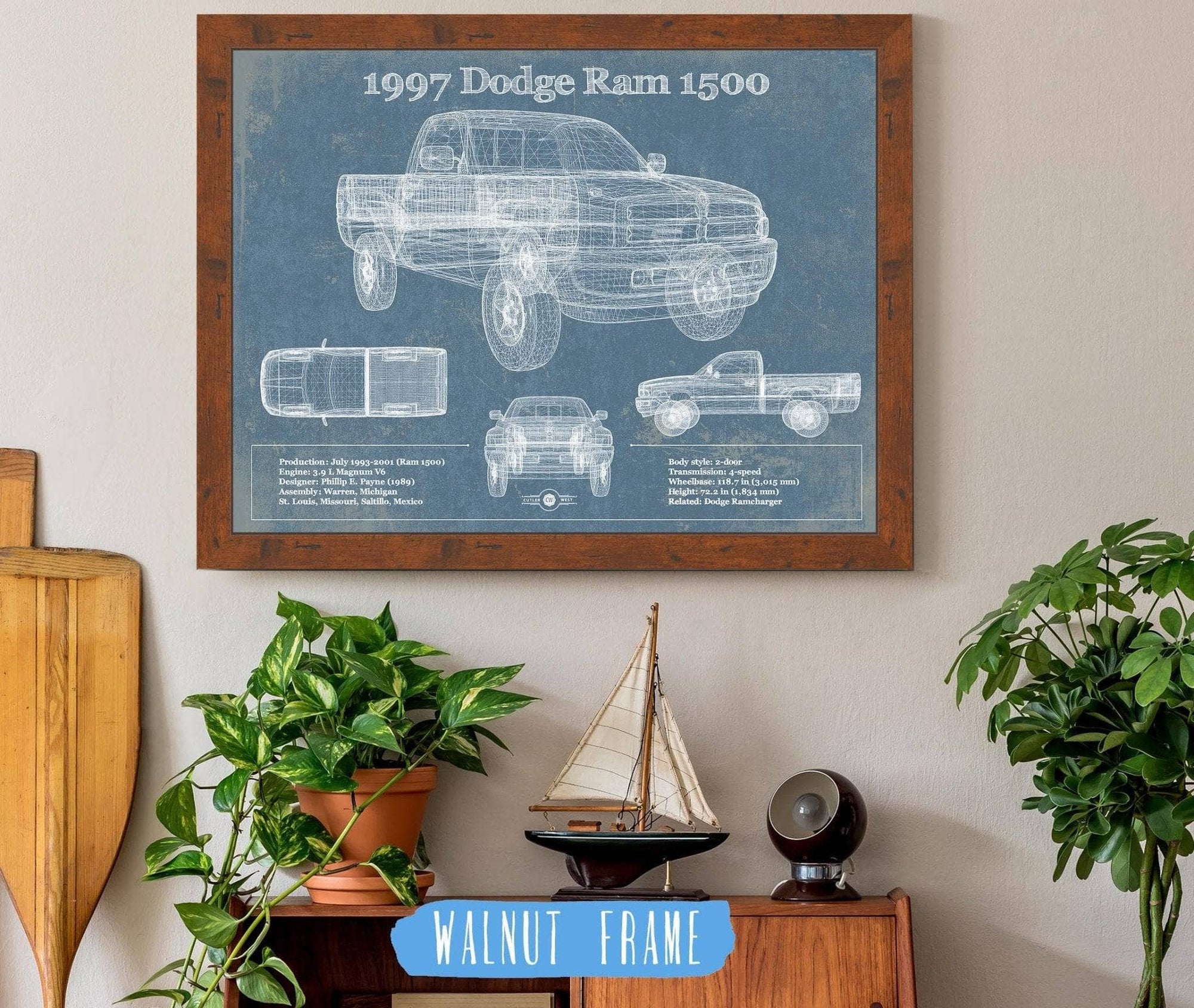 Cutler West Dodge Collection 20" x 16" / Walnut Frame 1997 Dodge Ram 1500 Vintage Blueprint Auto Print 845000267_39577