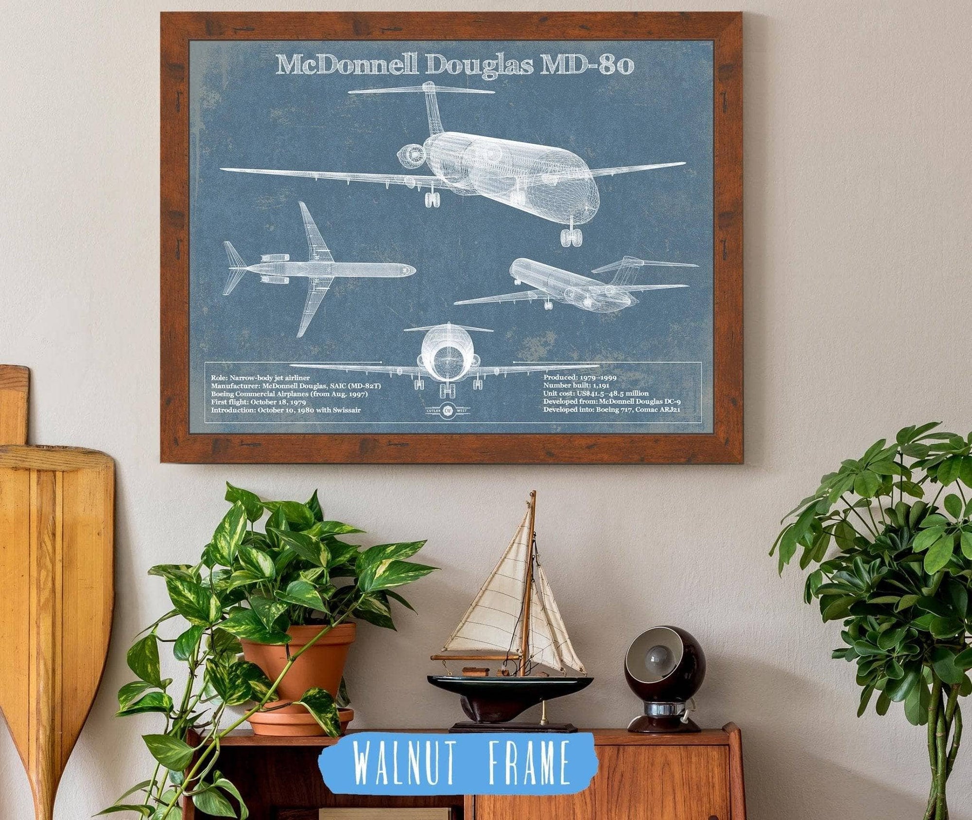 Cutler West McDonnell Douglas Collection 14" x 11" / Walnut Frame McDonnell Douglas MD-80 Vintage Aviation Blueprint Print 883643400_17215