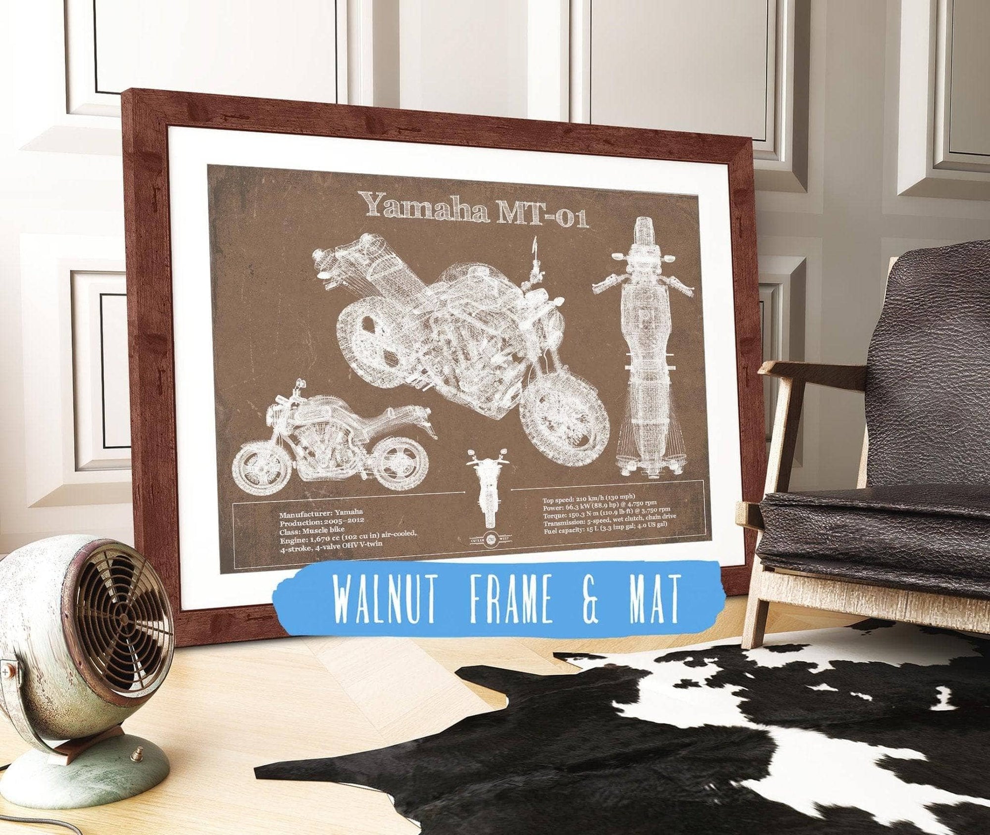Cutler West 14" x 11" / Walnut Frame & Mat Yamaha MT-01 Blueprint Motorcycle Patent Print 933350089-14"-x-11"5015
