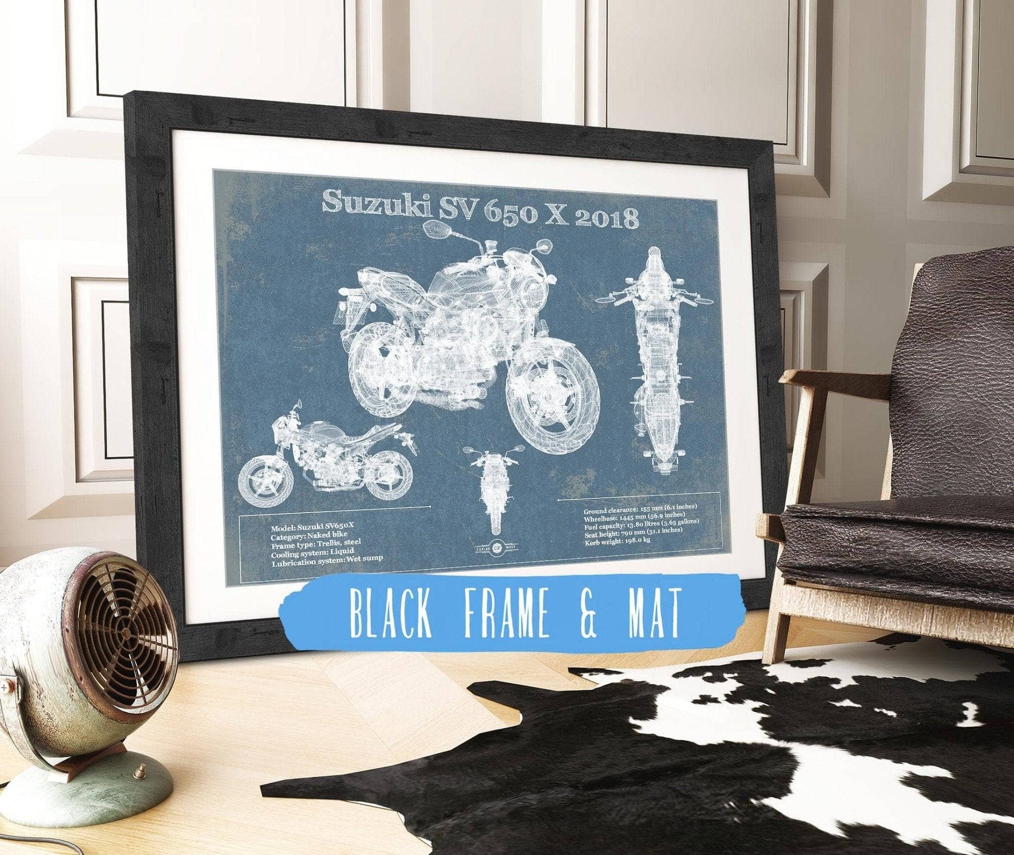 Cutler West 14" x 11" / Black Frame & Mat Suzuki SV 650 X 2018 Blueprint Motorcycle Patent Print 845000300_29996