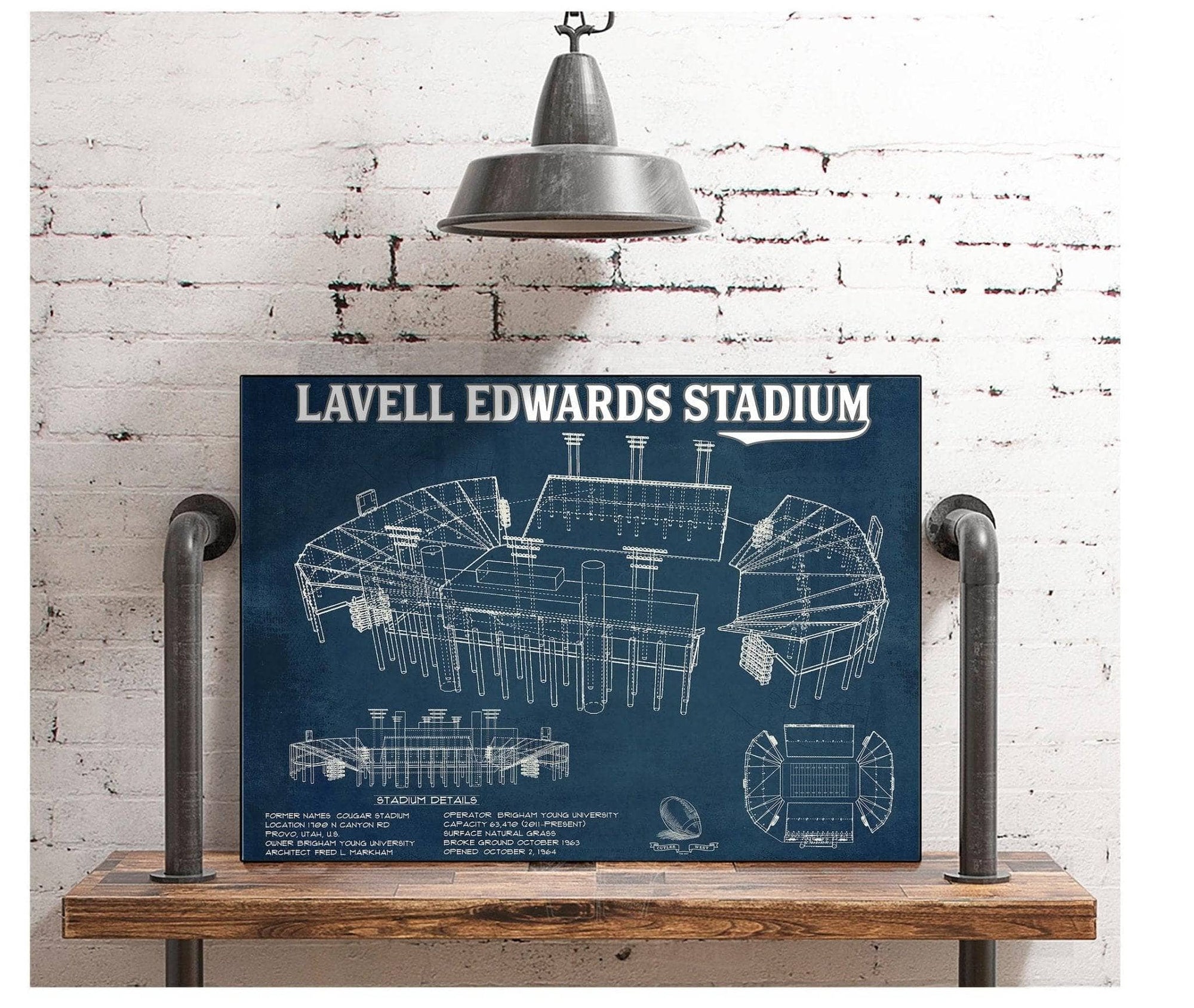 Cutler West College Football Collection BYU Cougars Stadium Art - Lavell Edwards Vintage Stadium & Blueprint Art Print