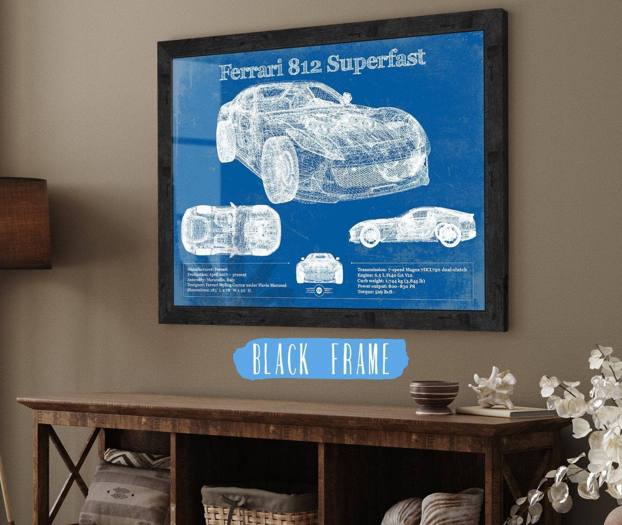 Cutler West Ferrari Collection 14" x 11" / Black Frame Ferrari 812 Superfast Blueprint Vintage Auto Print 933350033_21497